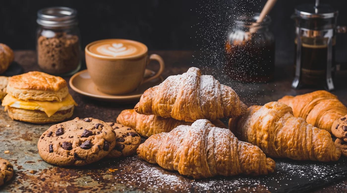 Croissants, Gebäck und Kaffee
